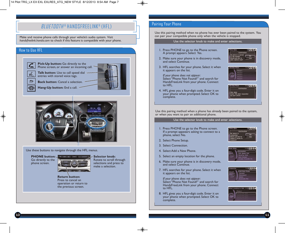 P.10, Bluetooth, Handsfreelink | Hfl) | HONDA 2014 Pilot (LX, EX, EX-L and EX-L w/ RES) - Technology Reference Guide User Manual | Page 7 / 12