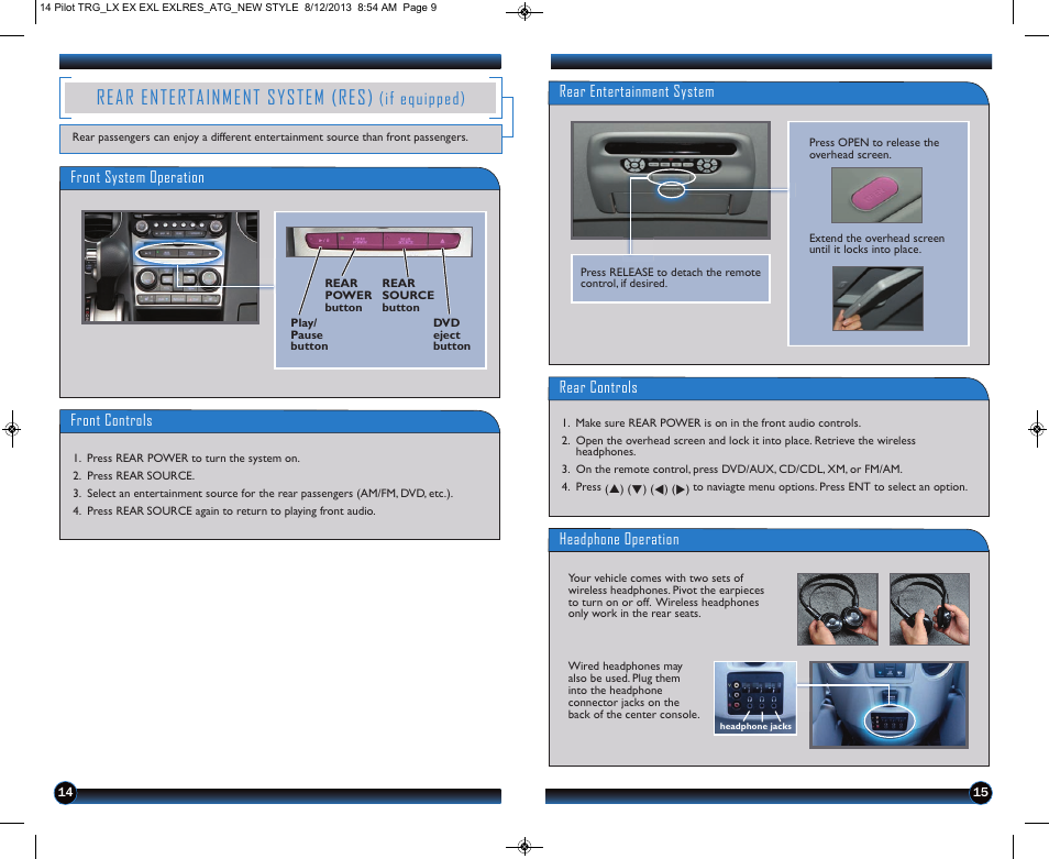 P.14, Rear entertainment system (res), If equipped) | HONDA 2014 Pilot (LX, EX, EX-L and EX-L w/ RES) - Technology Reference Guide User Manual | Page 9 / 12