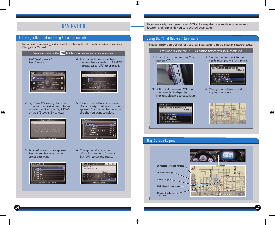 Navigation, Entering a destination using voice commands, Using the “find nearest” command | Map screen legend | HONDA 2014 Pilot (Touring) - Technology Reference Guide User Manual | Page 10 / 17