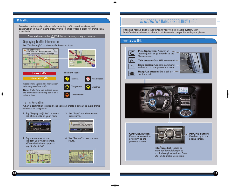 Bluetooth, Handsfreelink, Hfl) | Fm traffic displaying traffic information, Traffic rerouting, How to use hfl | HONDA 2014 Pilot (Touring) - Technology Reference Guide User Manual | Page 11 / 17