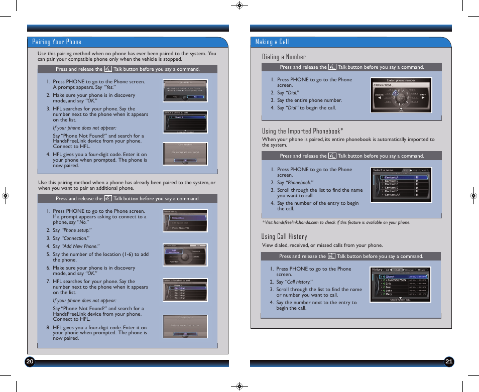 Pairing your phone, Making a call dialing a number, Using the imported phonebook | Using call history | HONDA 2014 Pilot (Touring) - Technology Reference Guide User Manual | Page 12 / 17