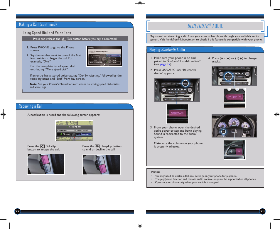 Bluetooth, Audio, Playing bluetooth audio | Using speed dial and voice tags, Receiving a call, Making a call (continued) | HONDA 2014 Pilot (Touring) - Technology Reference Guide User Manual | Page 13 / 17