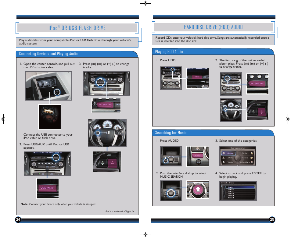 Hard disc drive (hdd) audio, Ipod, Or usb flash drive | HONDA 2014 Pilot (Touring) - Technology Reference Guide User Manual | Page 14 / 17