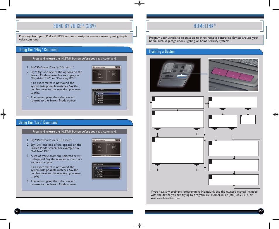 Song by voice, Sbv), Homelink | Using the “play” command, Using the “list” command, Training a button | HONDA 2014 Pilot (Touring) - Technology Reference Guide User Manual | Page 15 / 17