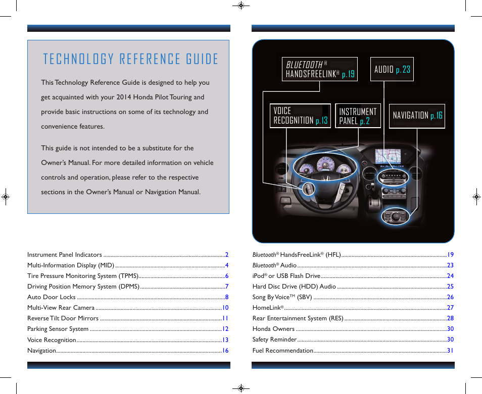 Technology reference guide, Bluetooth, Handsfreelink | HONDA 2014 Pilot (Touring) - Technology Reference Guide User Manual | Page 2 / 17
