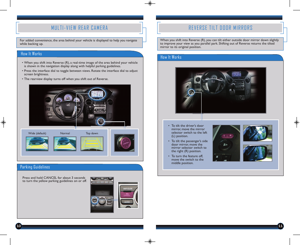 Multi-view rear camera, Reverse tilt door mirrors | HONDA 2014 Pilot (Touring) - Technology Reference Guide User Manual | Page 7 / 17