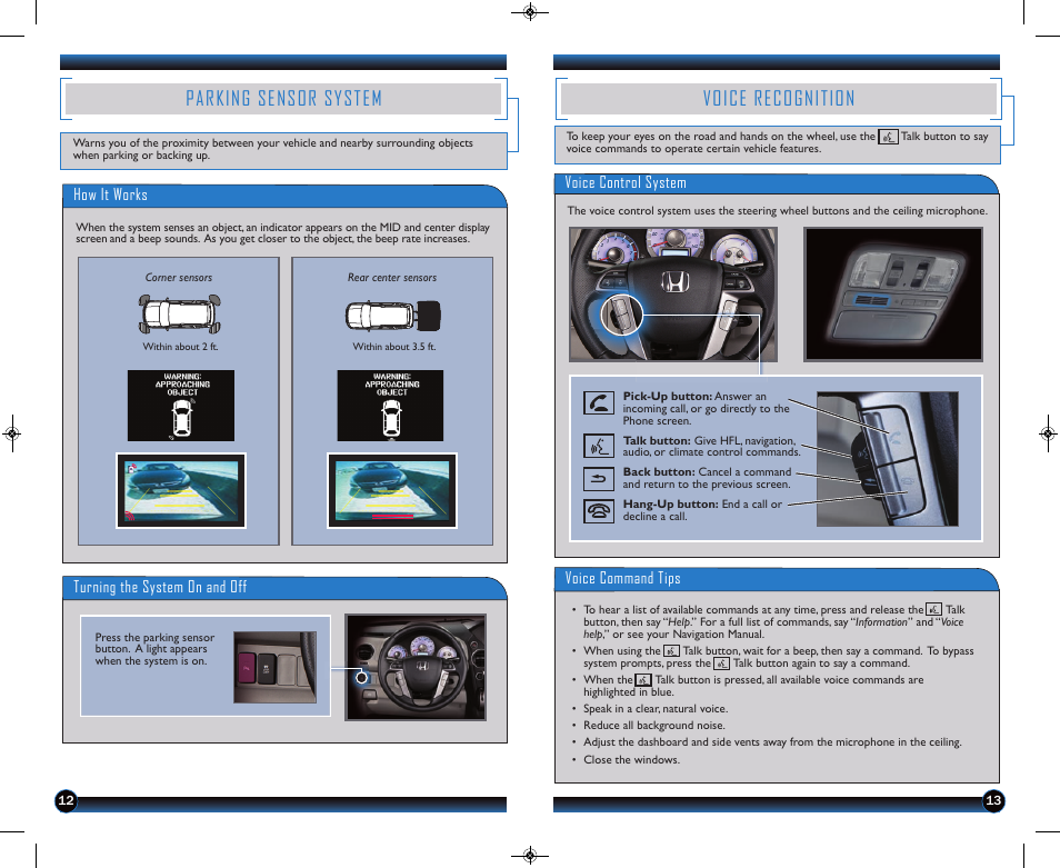 Voice recognition, Parking sensor system | HONDA 2014 Pilot (Touring) - Technology Reference Guide User Manual | Page 8 / 17