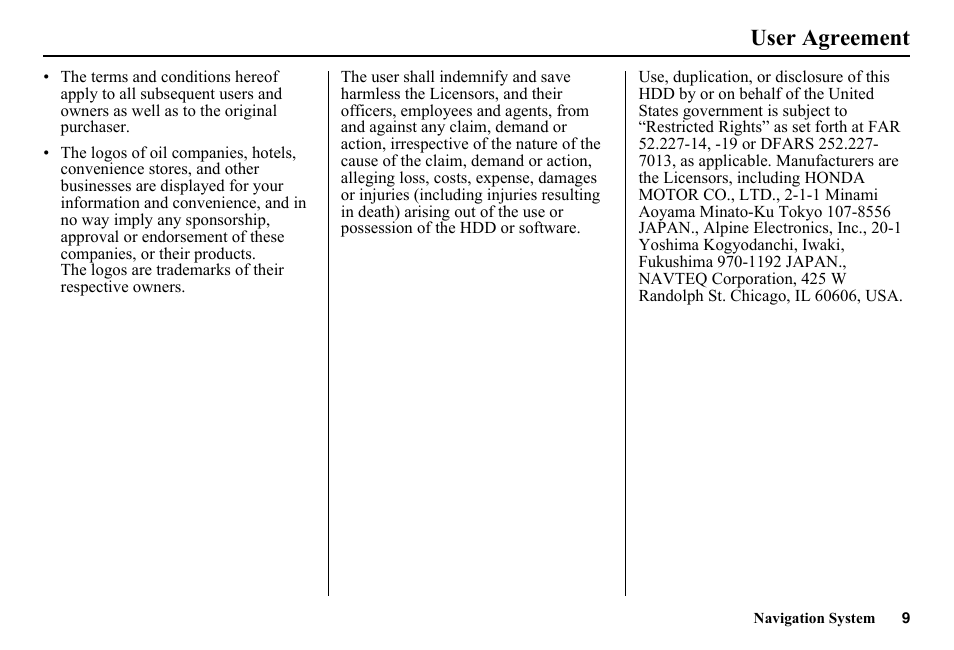User agreement | HONDA 2014 Pilot - Navigation Manual User Manual | Page 10 / 179