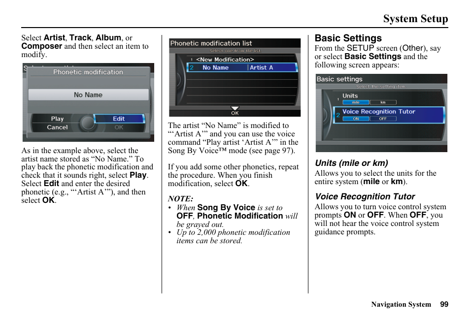 Basic settings, System setup | HONDA 2014 Pilot - Navigation Manual User Manual | Page 100 / 179