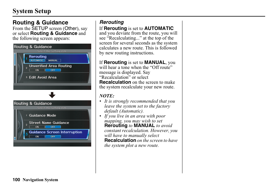 Routing & guidance, System setup | HONDA 2014 Pilot - Navigation Manual User Manual | Page 101 / 179