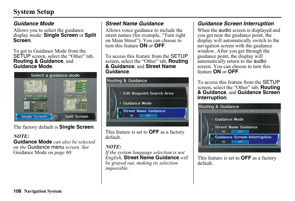 Setup (see guidance mode on, System setup | HONDA 2014 Pilot - Navigation Manual User Manual | Page 109 / 179