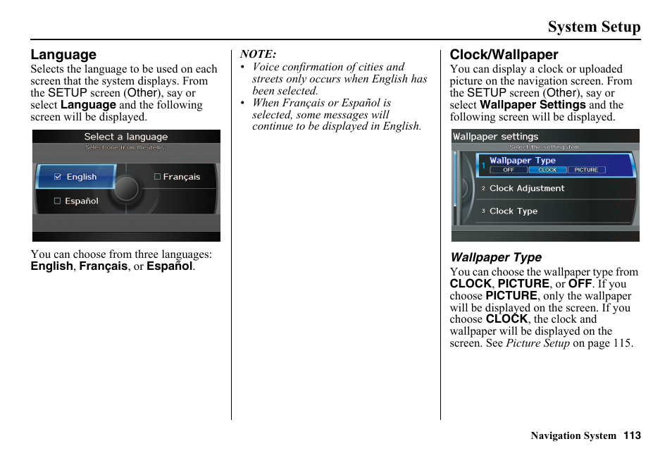 Language, Clock/wallpaper, System setup | HONDA 2014 Pilot - Navigation Manual User Manual | Page 114 / 179