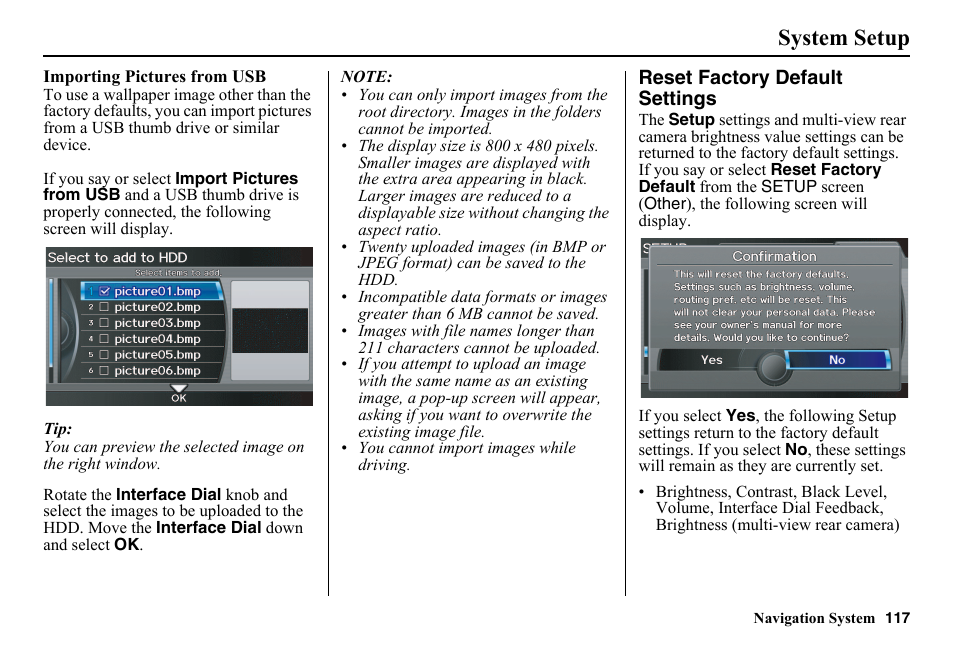 Reset factory default settings, System setup | HONDA 2014 Pilot - Navigation Manual User Manual | Page 118 / 179