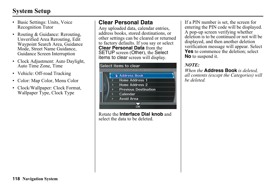 Clear personal data, System setup | HONDA 2014 Pilot - Navigation Manual User Manual | Page 119 / 179