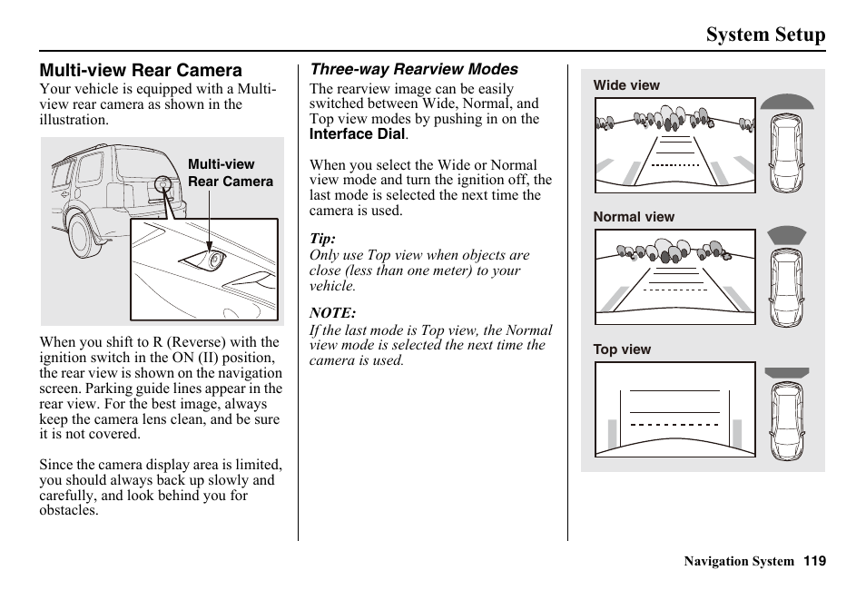 Multi-view rear camera, Een. see, System setup | HONDA 2014 Pilot - Navigation Manual User Manual | Page 120 / 179