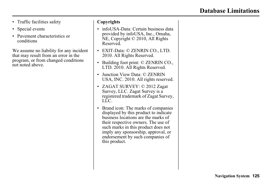 Database limitations | HONDA 2014 Pilot - Navigation Manual User Manual | Page 126 / 179