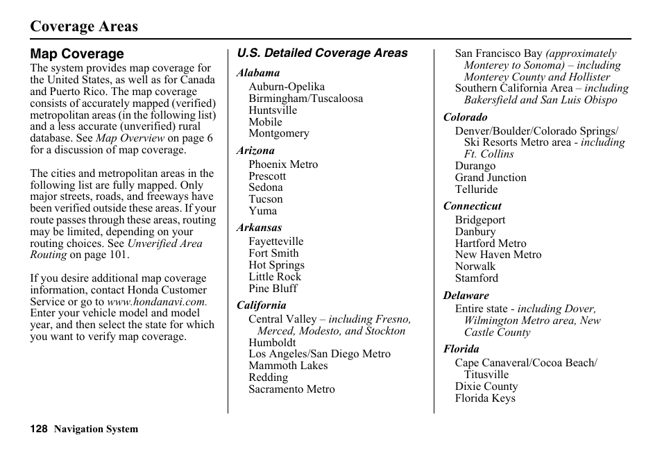 Coverage areas, Map coverage, D (see | HONDA 2014 Pilot - Navigation Manual User Manual | Page 129 / 179