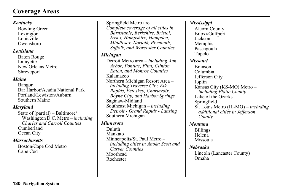 Coverage areas | HONDA 2014 Pilot - Navigation Manual User Manual | Page 131 / 179