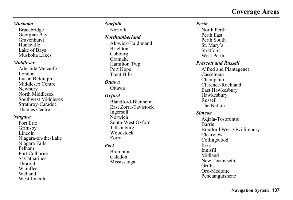 Coverage areas | HONDA 2014 Pilot - Navigation Manual User Manual | Page 138 / 179