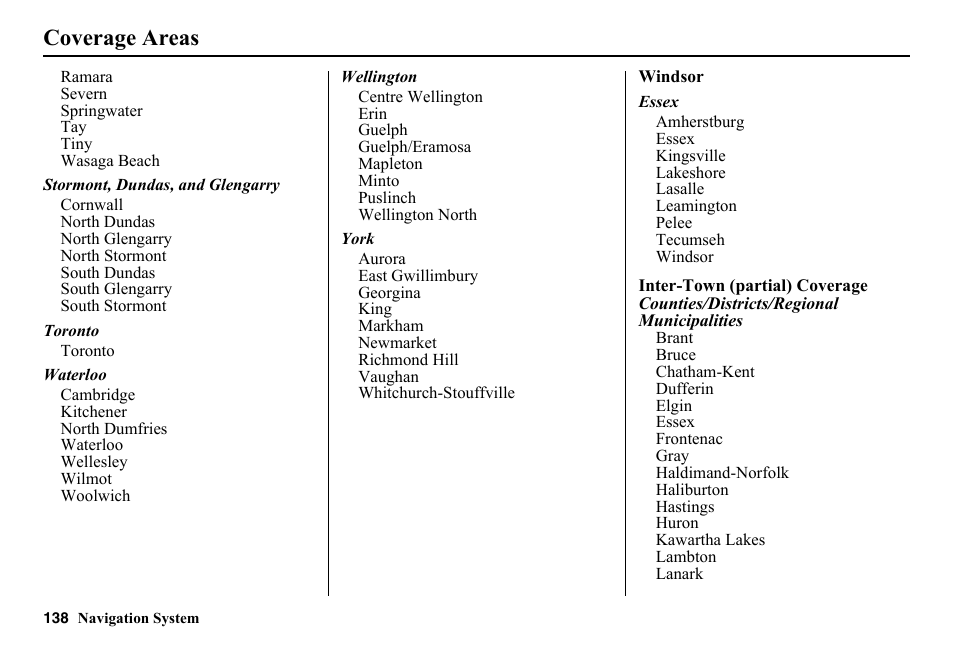 Coverage areas | HONDA 2014 Pilot - Navigation Manual User Manual | Page 139 / 179