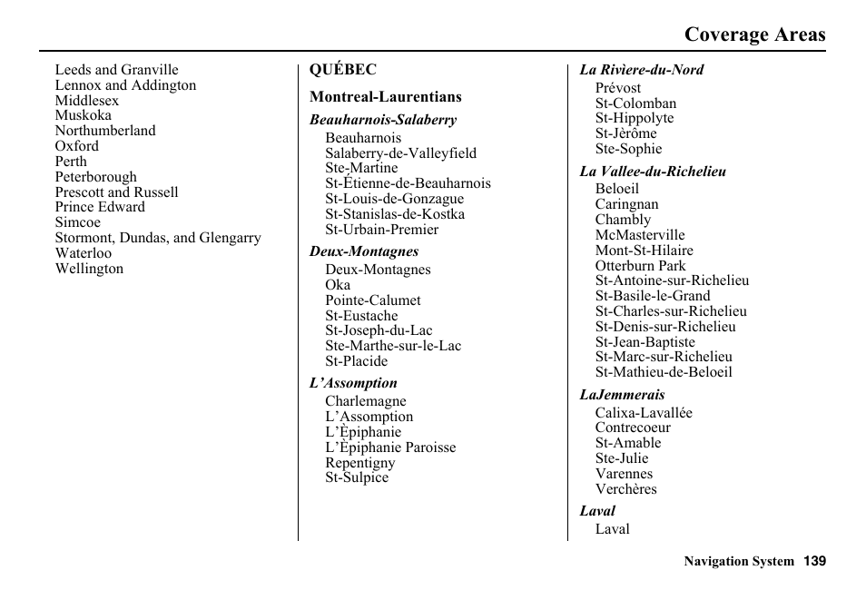 Coverage areas | HONDA 2014 Pilot - Navigation Manual User Manual | Page 140 / 179