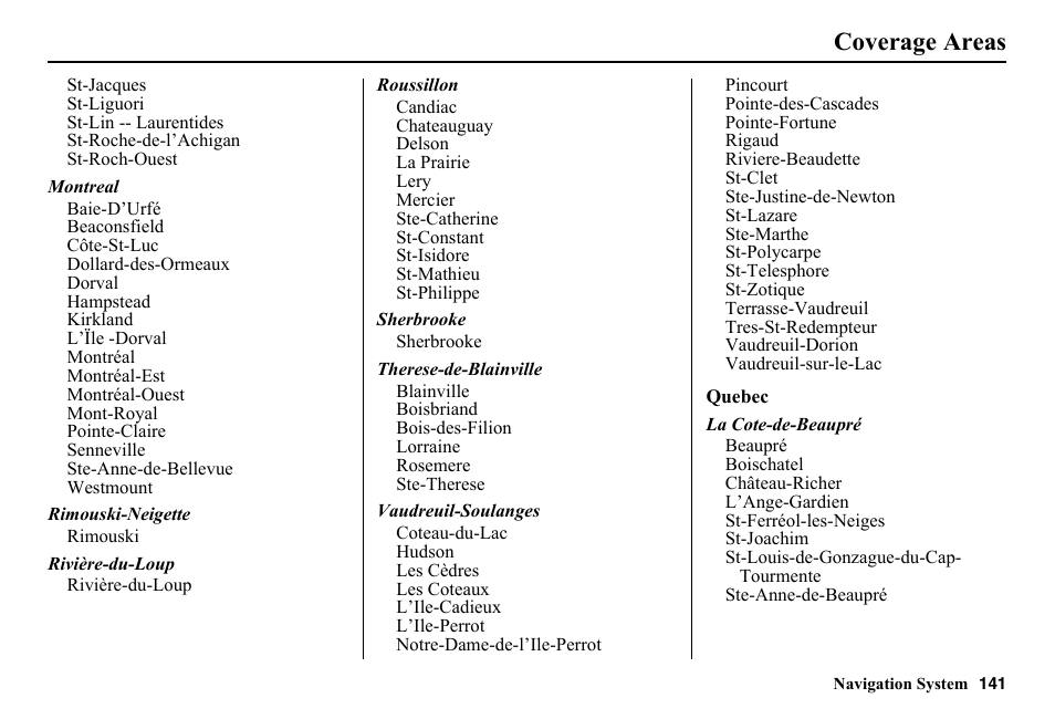 Coverage areas | HONDA 2014 Pilot - Navigation Manual User Manual | Page 142 / 179