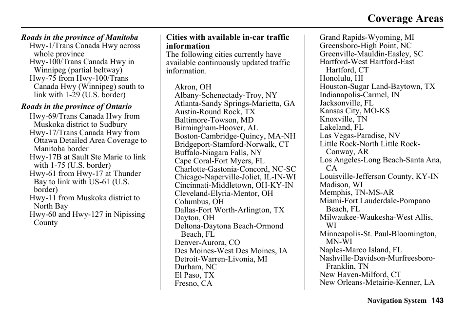 Coverage areas | HONDA 2014 Pilot - Navigation Manual User Manual | Page 144 / 179