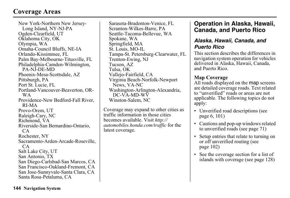 Coverage areas | HONDA 2014 Pilot - Navigation Manual User Manual | Page 145 / 179