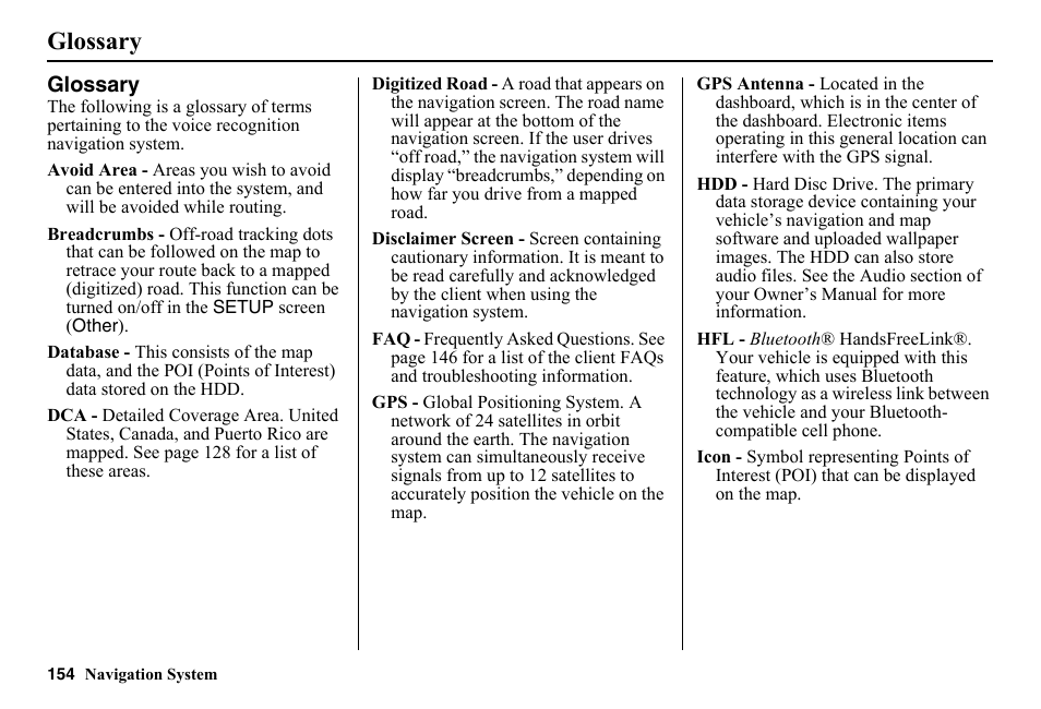 Glossary | HONDA 2014 Pilot - Navigation Manual User Manual | Page 155 / 179
