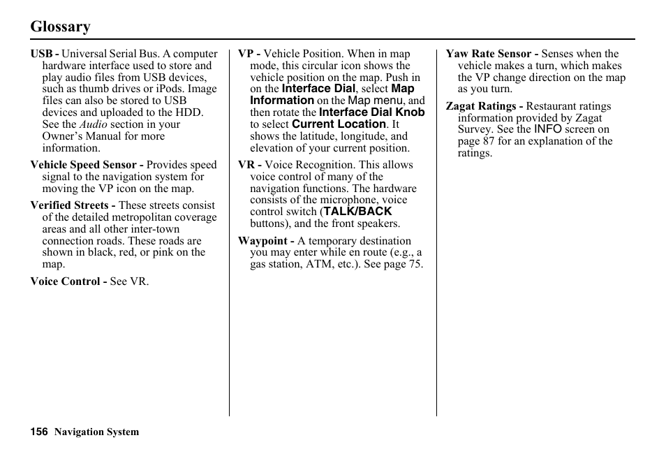 Glossary | HONDA 2014 Pilot - Navigation Manual User Manual | Page 157 / 179