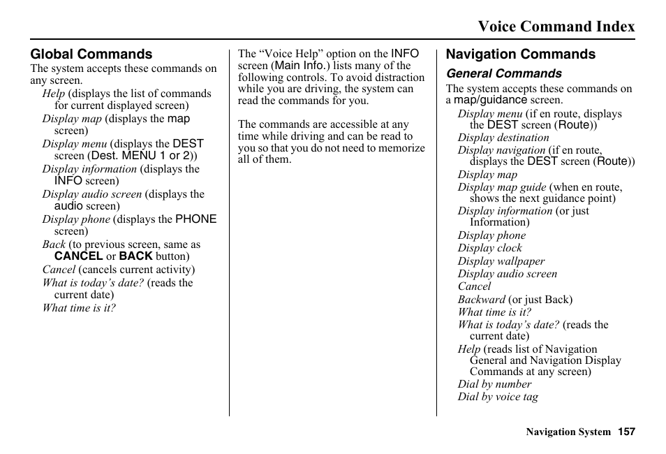 Voice command index, Global commands, Navigation commands | E using. see voice command, See voice, Ands, see voice command, E commands, see voice, Ands, see voice, Commands, see voice command index, Voice commands, see | HONDA 2014 Pilot - Navigation Manual User Manual | Page 158 / 179