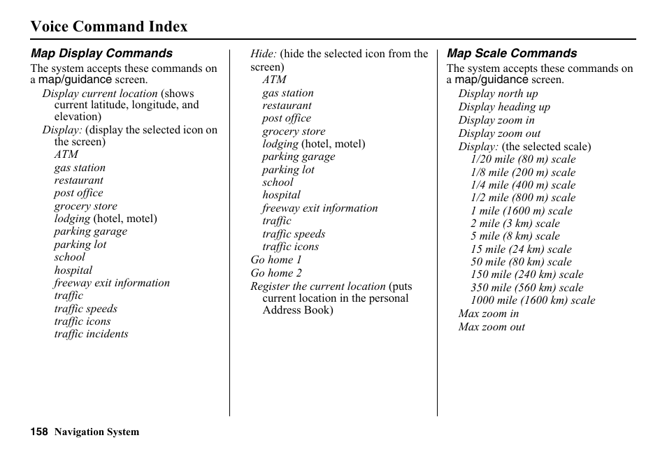 Voice command index | HONDA 2014 Pilot - Navigation Manual User Manual | Page 159 / 179