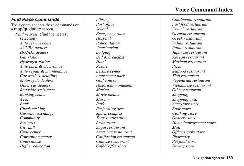 Voice command index | HONDA 2014 Pilot - Navigation Manual User Manual | Page 160 / 179