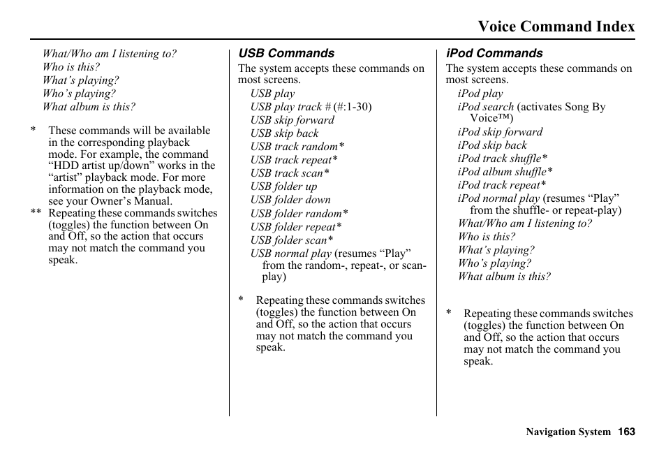 Voice command index | HONDA 2014 Pilot - Navigation Manual User Manual | Page 164 / 179