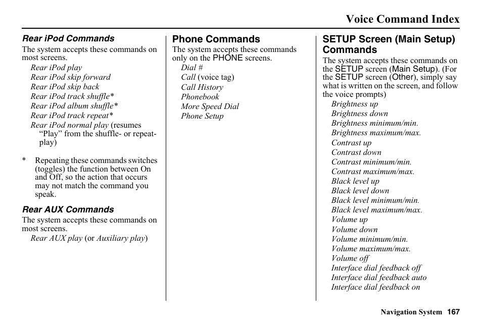 Phone commands, Setup screen (main setup) commands, Voice command index | HONDA 2014 Pilot - Navigation Manual User Manual | Page 168 / 179