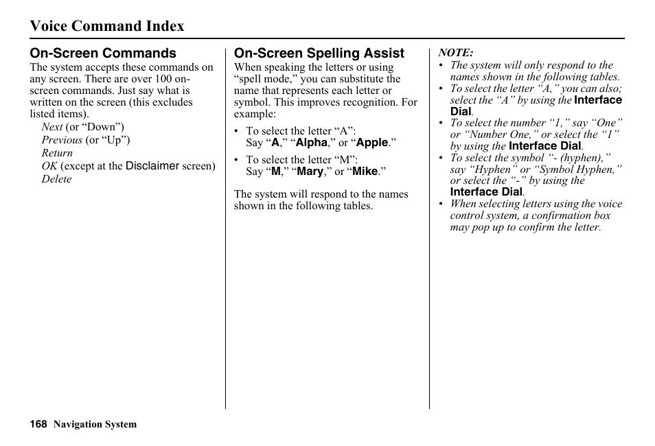 On-screen commands, On-screen spelling assist, Voice command index | HONDA 2014 Pilot - Navigation Manual User Manual | Page 169 / 179