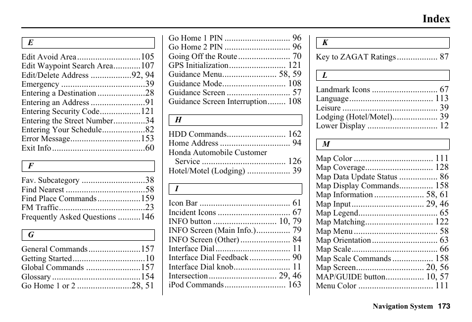 Index | HONDA 2014 Pilot - Navigation Manual User Manual | Page 174 / 179