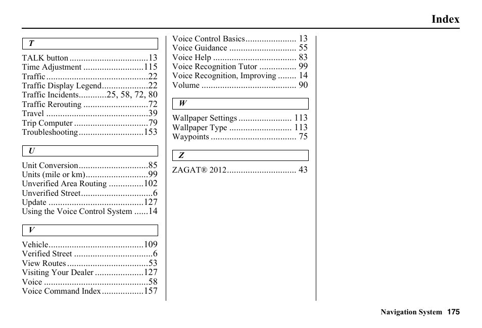 Index | HONDA 2014 Pilot - Navigation Manual User Manual | Page 176 / 179