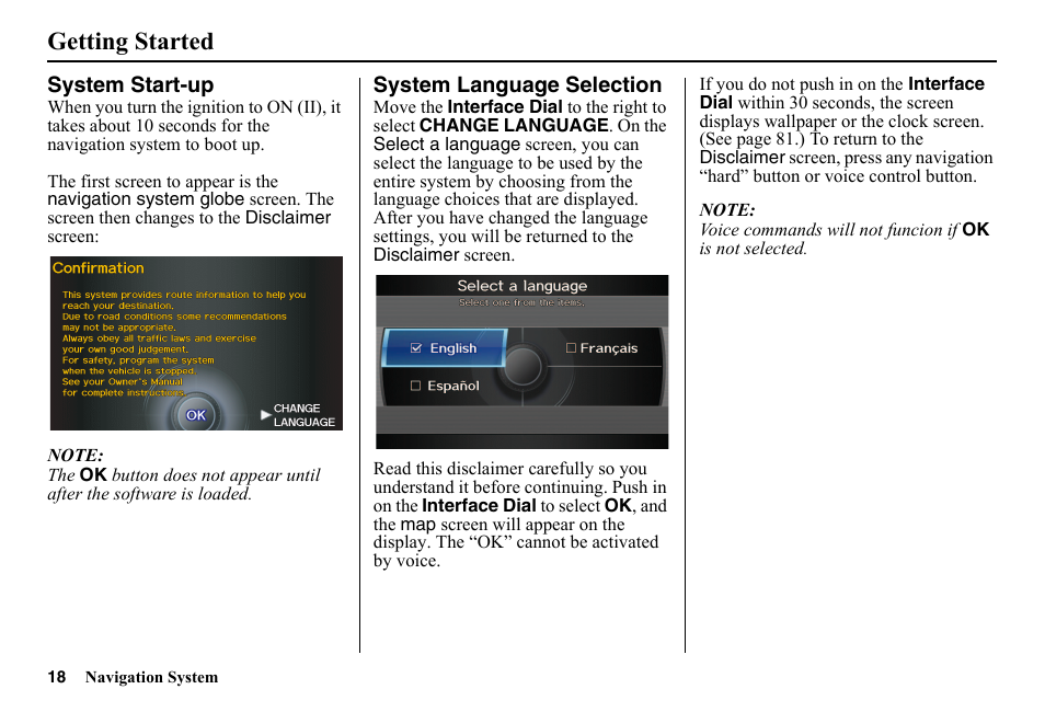System start-up, System language selection, Getting started | HONDA 2014 Pilot - Navigation Manual User Manual | Page 19 / 179