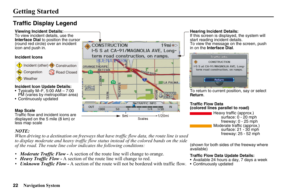 Traffic display legend, Getting started | HONDA 2014 Pilot - Navigation Manual User Manual | Page 23 / 179