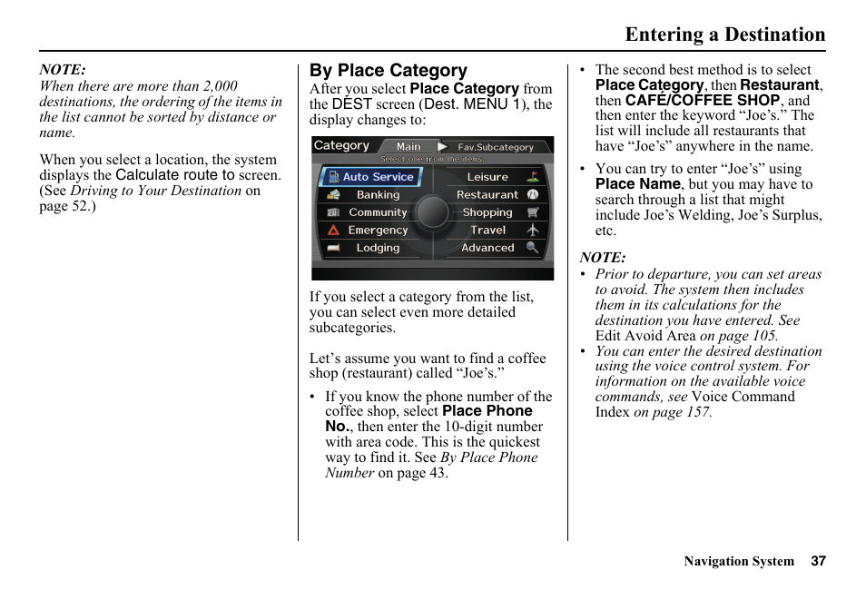 By place category, Entering a destination | HONDA 2014 Pilot - Navigation Manual User Manual | Page 38 / 179