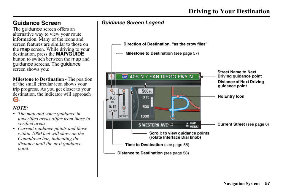 Guidance screen, Driving to your destination | HONDA 2014 Pilot - Navigation Manual User Manual | Page 58 / 179