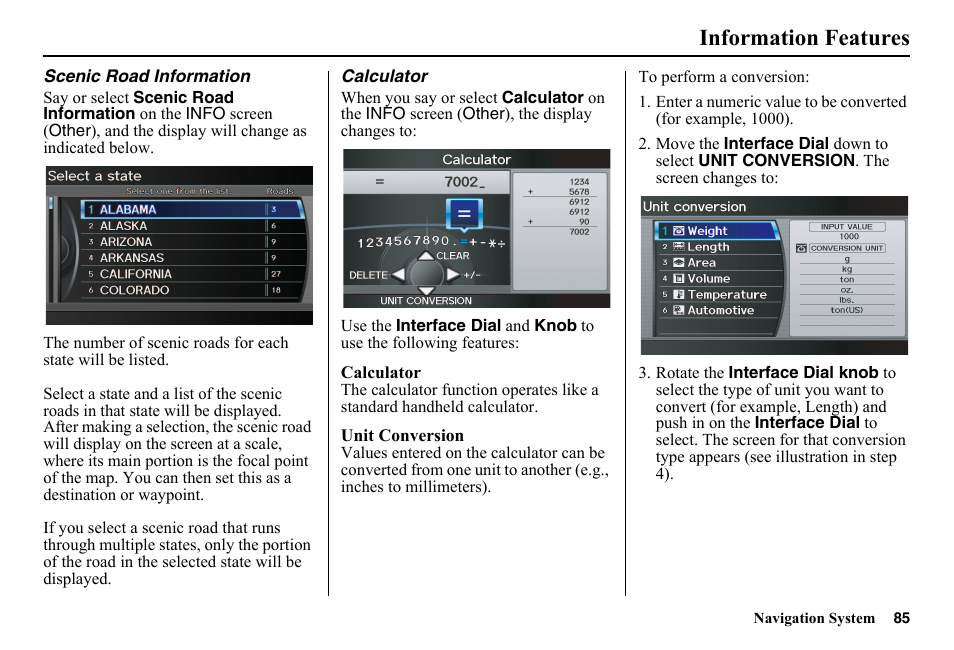 Information features | HONDA 2014 Pilot - Navigation Manual User Manual | Page 86 / 179