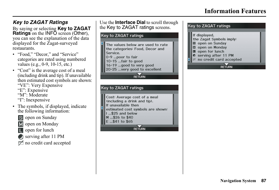 Information features | HONDA 2014 Pilot - Navigation Manual User Manual | Page 88 / 179