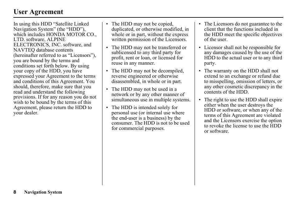 User agreement | HONDA 2014 Pilot - Navigation Manual User Manual | Page 9 / 179