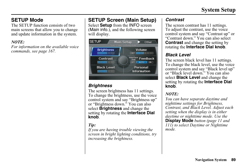 Setup mode, Setup screen (main setup), System setup | HONDA 2014 Pilot - Navigation Manual User Manual | Page 90 / 179