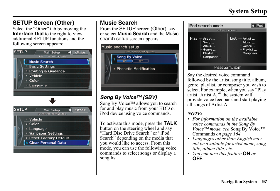 Setup screen (other), Music search, System setup | HONDA 2014 Pilot - Navigation Manual User Manual | Page 98 / 179
