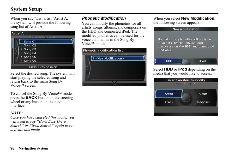 System setup | HONDA 2014 Pilot - Navigation Manual User Manual | Page 99 / 179