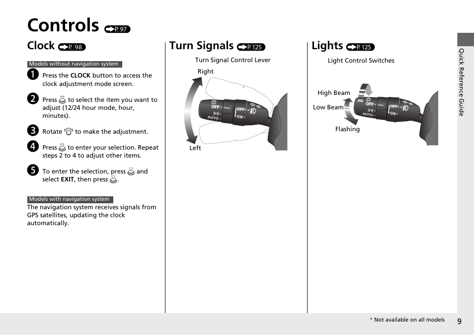 Controls (p97), Controls, Clock | Turn signals, Lights | HONDA 2014 Pilot - Owner's Manual User Manual | Page 10 / 488