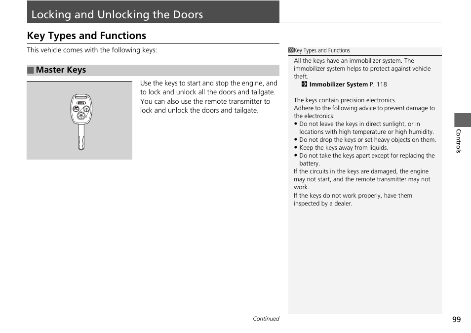 Locking and unlocking the doors p, Locking and unlocking the doors, Key types and functions | HONDA 2014 Pilot - Owner's Manual User Manual | Page 100 / 488